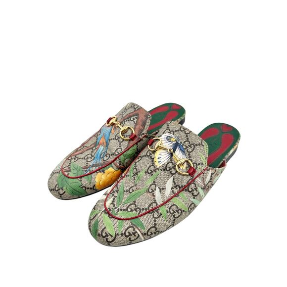 Gucci Princetown Gold Horsebit Tian GG Monogram Bird Print Canvas Mules Size 37 - Picture 2 of 9